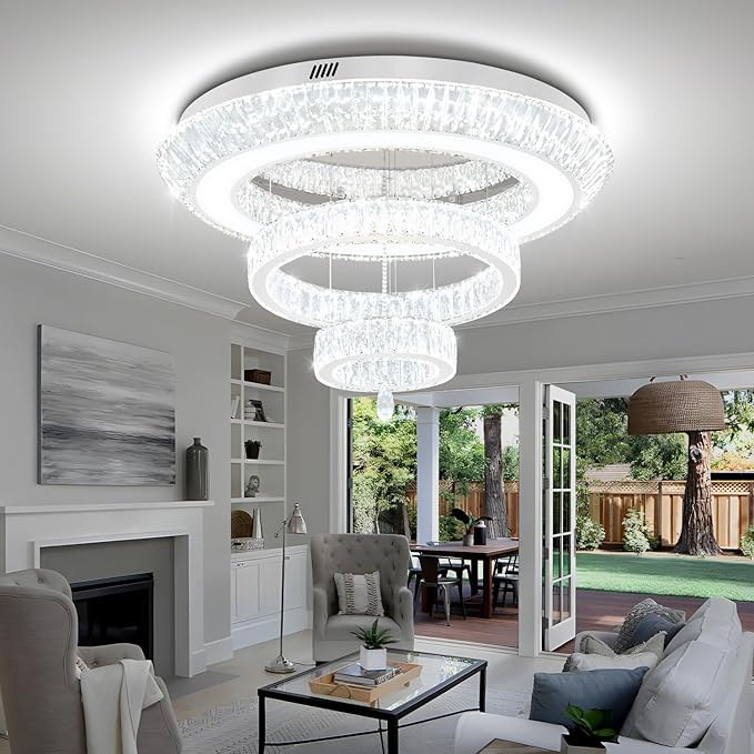 Modern Large Ring Crystal Chandelier Modern Luxury Chrome Crystal Ceiling Lights Fixture for Dining Living Room D40 Inch 3-Tier Raindrop Chandeliers LED Dimmable Lighting