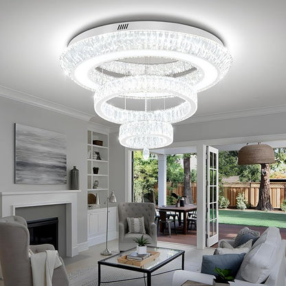 Modern Large Ring Crystal Chandelier Modern Luxury Chrome Crystal Ceiling Lights Fixture for Dining Living Room D40 Inch 3-Tier Raindrop Chandeliers LED Dimmable Lighting