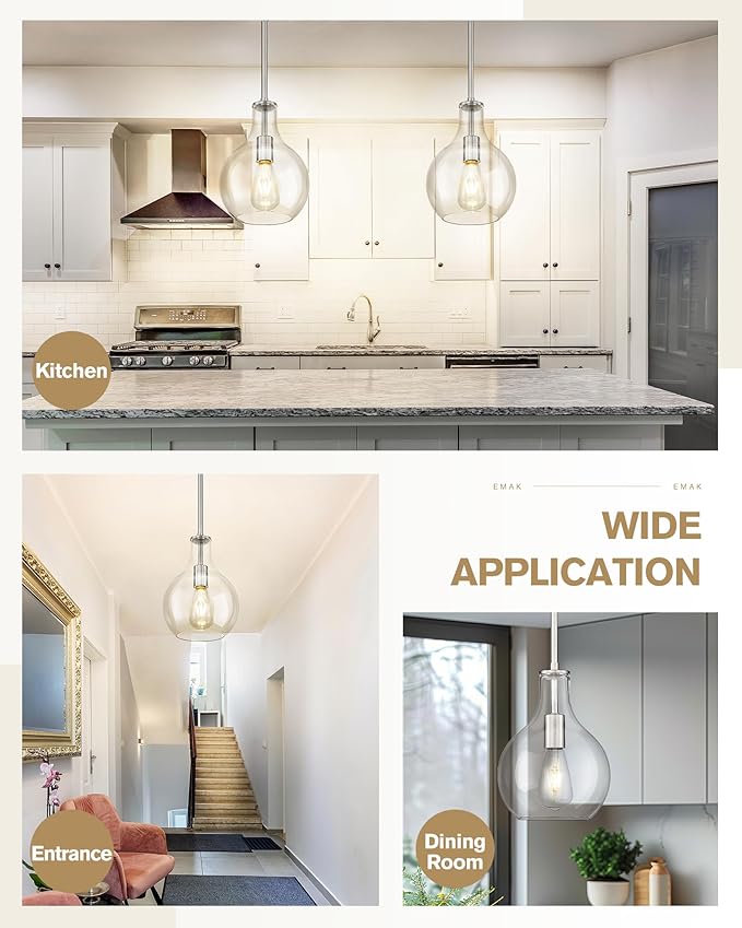 Emak 8 Inch Brushed Nickel Pendant Light, Modern Glass Pendant Lights Kitchen Island, 2 Pack Hanging Lights for Kitchen, Bathroom, Bedroom, Dining Room, PL125-BN-2PK