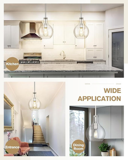 Emak Brushed Nickel Pendant Lights Kitchen Island, 8 Inch Glass Pendant Light Fixtures, Modern Hanging Lights for Kitchen, Bathroom, Bedroom, Dining Room, PL125-BN