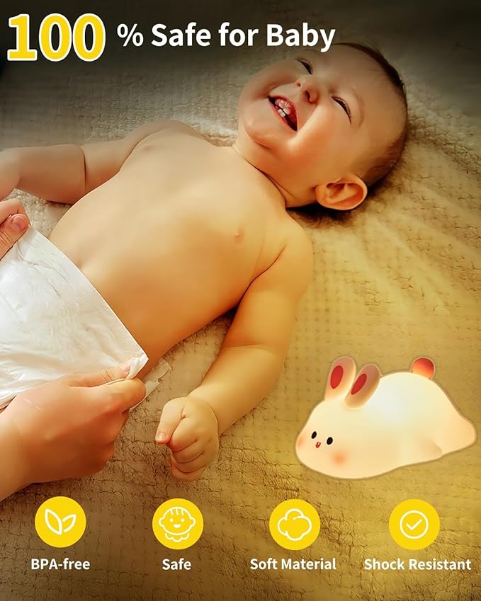 Big Face Rabbit Silicone Night Light, Squishy Bunny Lamp with Touch Control, 30-Min Timer, Rechargeable Kids Night Light for Bedroom Nursery, [Mothers Day Gifts]