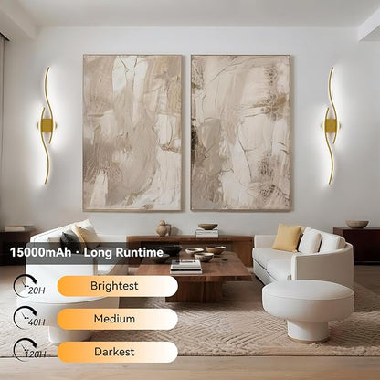 hunhun Battery Operated Wall Sconces Set of Two, Wireless Wall Sconce with Remote Control, Gold Rechargeable Sconces 3000K-6500K, RGB Dimmable Wall Lights for Living Room, Hallway, Bedroom