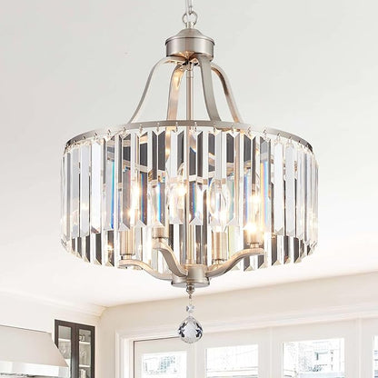 Modern Crystal Chandeliers Round 4-Light Large Brushed Nickel Pendant Lighting Fixture for Dining Room Living Room Kitchen Island Bedroom Hallway Hall Foyer, 15.7"