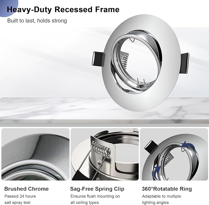 6 Pack Recessed Ceiling Light Mounting Frame, Compatible with MR16 GU5.3 Bulbs, Round Fixture Holders Adjustable for Commercial Cabinet, Polished Chrome