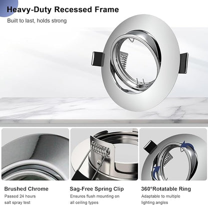 6 Pack Recessed Ceiling Light Mounting Frame, Compatible with MR16 GU5.3 Bulbs, Round Fixture Holders Adjustable for Commercial Cabinet, Polished Chrome