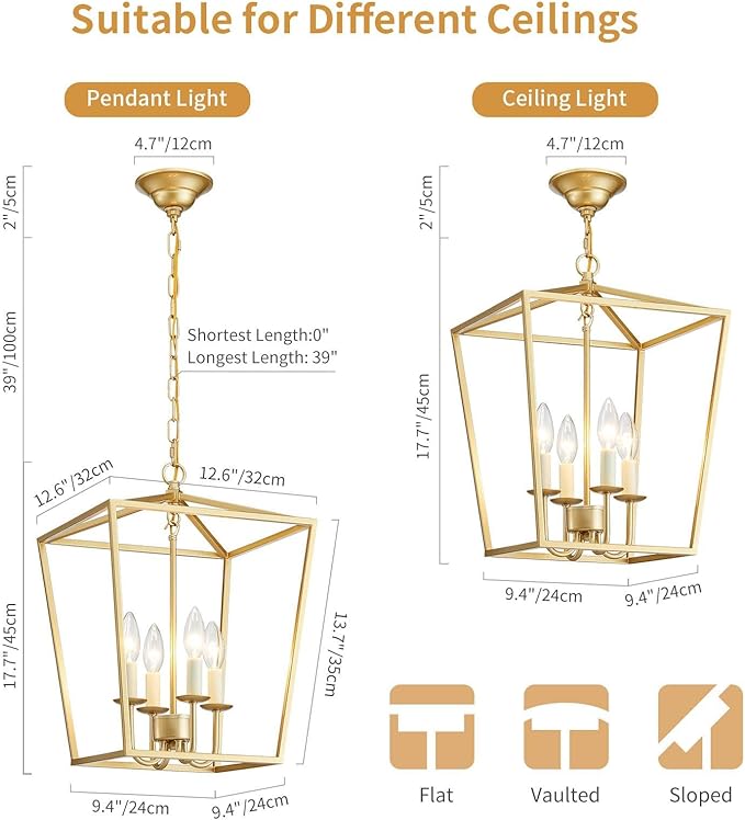 ANJIADENGSHI Vintage Lantern Pendant Light 4 Light Lantern Chandelier Farmhouse Gold Pendant Light for Kitchen Island Entryway Dining Room Hallway Bar Cafe(Bulbs Not Included)