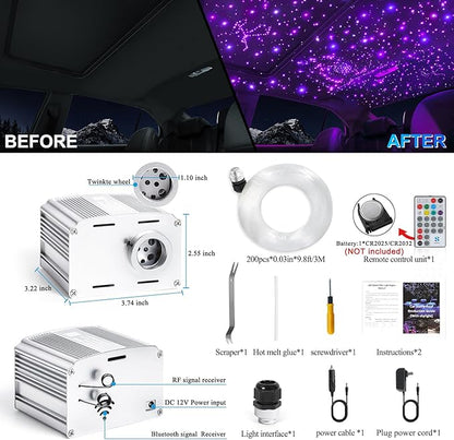Fiber Optic Car Starlight Headliner Kit, Twinkle & Sound Activated RGBW 16W 200pcs*0.03in*6.5ft Fiber Strands Car Star Roof Lights with APP& Remote Controlled, Ceiling Star Lights for Home/Car Decor
