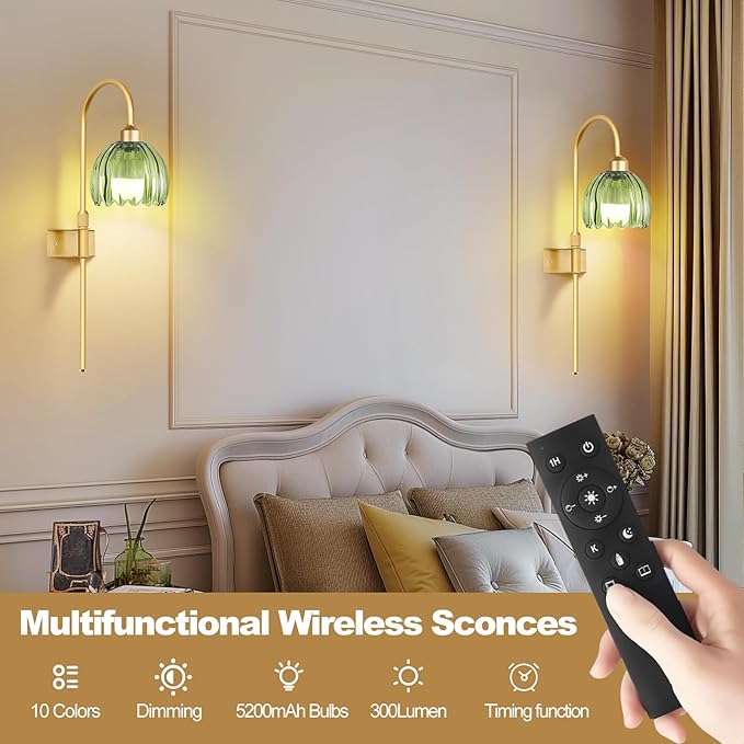 ZECOXOL Vintage Battery Operated Wall Sconces Set of 2, Gold Rechargeable Wireless Wall Lamp Lights with Glass Lampshade & Remote,Dimmable 12 Colors Flower Wall Sconce for Bedroom Living Room Hallway