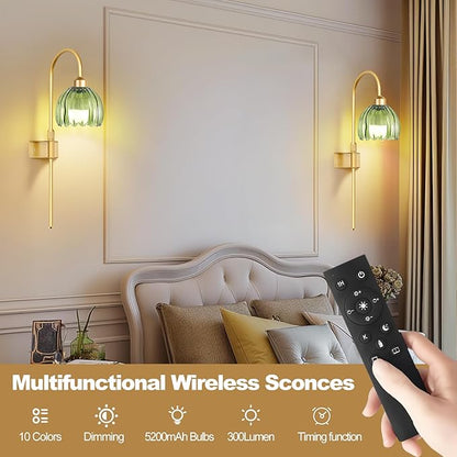 ZECOXOL Vintage Battery Operated Wall Sconces Set of 2, Gold Rechargeable Wireless Wall Lamp Lights with Glass Lampshade & Remote,Dimmable 12 Colors Flower Wall Sconce for Bedroom Living Room Hallway