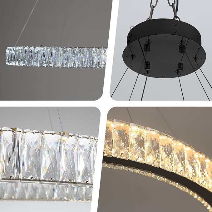 Modern 23.6'' Ring Crystal Chandelier Adjustable LED Ring Pendant Light Dimmable Black Round Crystal Chandelier Light for Dining Room Living Room