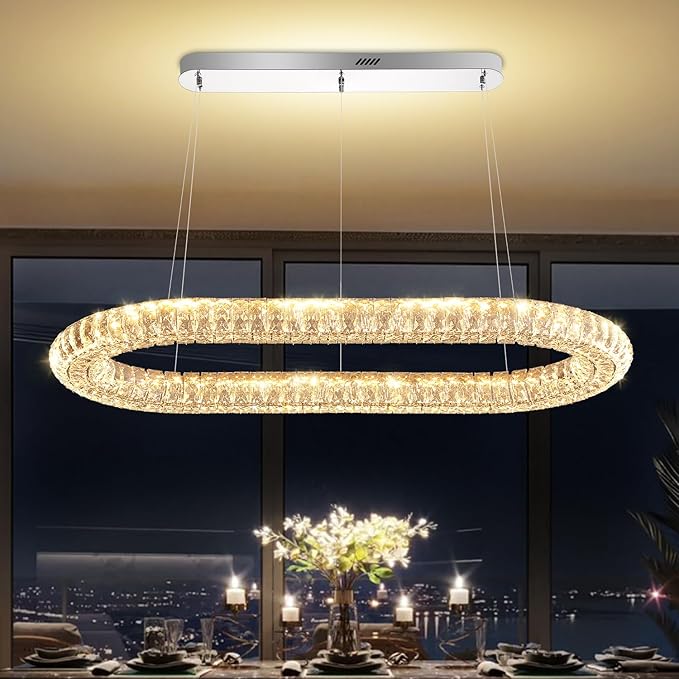 Crystal Ring Chandelier, 40'' Chrome Crystal Ring Pendant Light for Kitchen Island Modern Linear Oval Chandeliers for Dining Room Dimmable 3000K-6000K