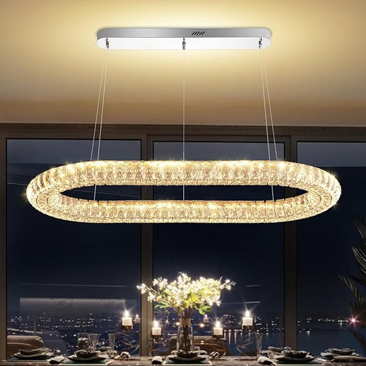 Crystal Ring Chandelier, 40'' Chrome Crystal Ring Pendant Light for Kitchen Island Modern Linear Oval Chandeliers for Dining Room Dimmable 3000K-6000K