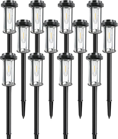 DERAYSION 12 Pack Solar Lights Outdoor, 21" Solar Pathway Lights Auto On/Off Waterproof Garden Lights for Path, Yard, Walkway, Driveway Decor, Cool White