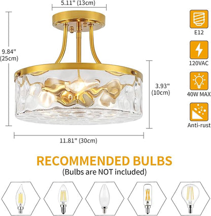 11.81" Modern Gold Semi Flush Mount Ceiling Light Hammered Glass Hallway Light Fixtures Entryway Light Fixture 3-Light Lighting Fixtures for Kitchen Island Dining Room Bedroom Laundry Room Lighting