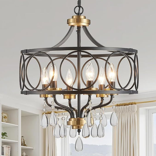 Crystal Chandeliers for Dining Room,17.7" Black and Gold 6 Lights Hanging Pendant Lighting Fixture Metal Farmhouse Chandelier for Kitchen Island Entryway Living Room