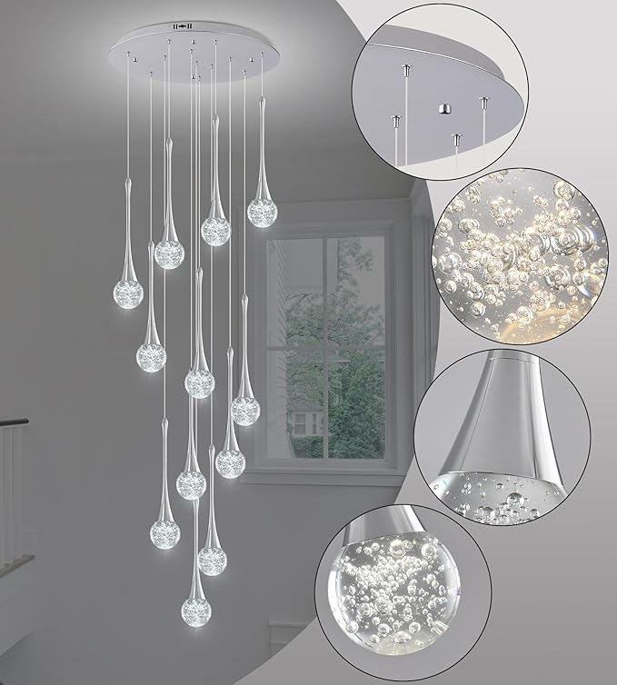 Modern Crystal Staircase Chandelier for High Ceilings, Glam LED Dimmable Pendant Light Living Room Entryway Foyer Chandelier Lighting Fixture Chrome 12-Lights