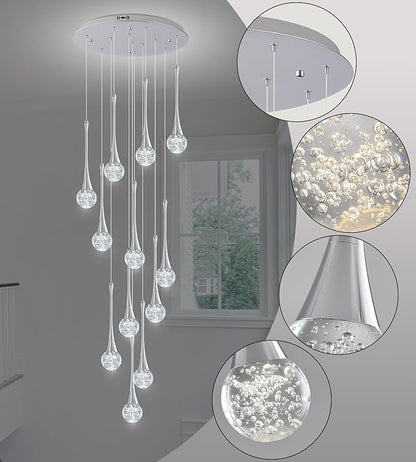 Modern Crystal Staircase Chandelier for High Ceilings, Glam LED Dimmable Pendant Light Living Room Entryway Foyer Chandelier Lighting Fixture Chrome 12-Lights