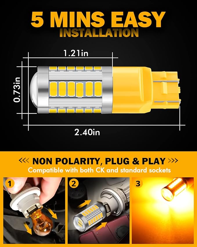 Auxbeam 7440 7443 LED Bulbs for Turn Signal Lights T20 7441 7444 LED Replacement Light Kit for Marker Blinker Lights, 3500K Amber Yellow, 3030-SMD 12V, Pack of 2 (May Need Resistors)