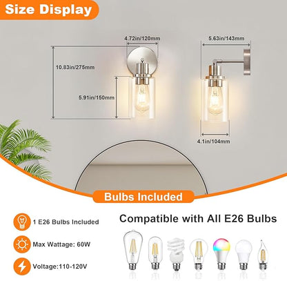DLLT Wall Sconces Set of Two: Modern Bathroom Vanity Light Fixtures - Nickel Vanity Lights with Clear Glass Shade - Farmhouse Wall Lamp for Bedroom Living Room Mirror Hallway Kitchen