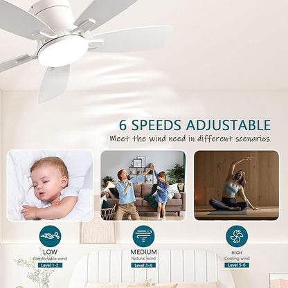 Ayaoty Ceiling Fans with Lights, 42 inch Low Profile Ceiling Fan with Light and Remote Control, Flush Mount, Reversible Motor, Dimmable, Noiseless, White Ceiling Fan for Bedroom, Indoor/Outdoor Use