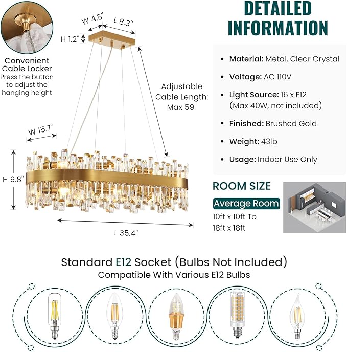 Siljoy 16-Light Rectangular Gold Crystal Chandelier for Dining Room, Modern 2-Tiers K9 Crystal Raindrop Chandelier, Luxury Crystal Pendant Ceiling Light for Living Room Kitchen Island, L35.4''