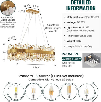 Siljoy 16-Light Rectangular Gold Crystal Chandelier for Dining Room, Modern 2-Tiers K9 Crystal Raindrop Chandelier, Luxury Crystal Pendant Ceiling Light for Living Room Kitchen Island, L35.4''