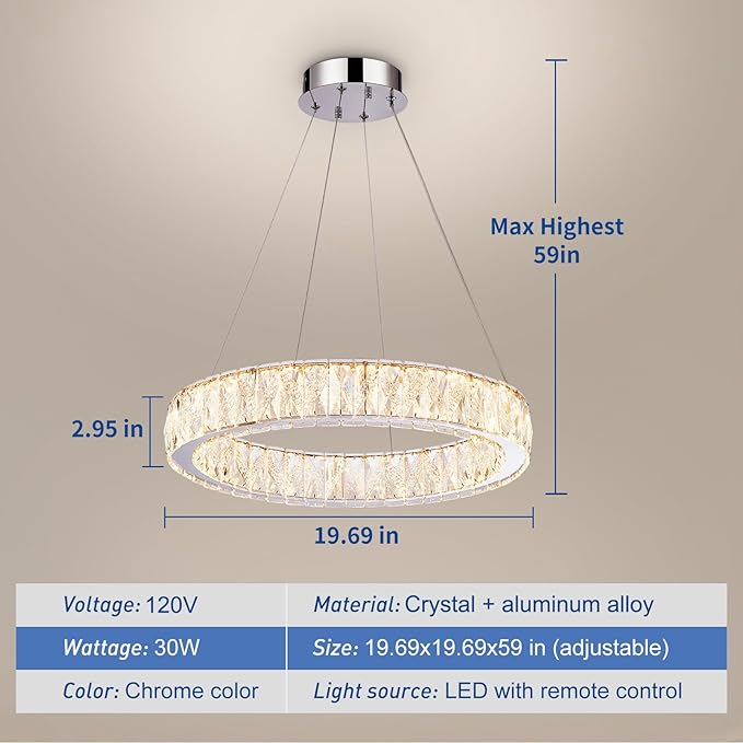 Depuley Modern LED Crystal Chandeliers: 19.7" Ring Chandelier Hanging Crystal Ceiling Light Fixture - 30W Adjustable Height Pendant Light for Living Room Dining Room Bedroom Foyer
