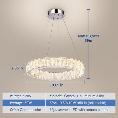 Depuley Modern LED Crystal Chandeliers: 19.7" Ring Chandelier Hanging Crystal Ceiling Light Fixture - 30W Adjustable Height Pendant Light for Living Room Dining Room Bedroom Foyer