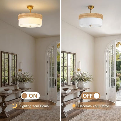 Bargeni 16 Inch Semi Flush Mount Ceiling Light, Modern Wood Drum Ceiling Light Fixture with Fabric Shade, Gold Light Fixtures Ceiling Mount for Living Room, Bedroom, Kitchen, Dining, Hallway,Entryway