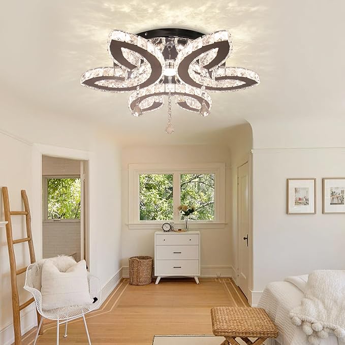 FRIXCHUR 20.4" Crystal Chandeliers Modern Flower Crystal Ceiling Light LED Flush Mount Chandelier Light Fixture for Bedroom Living Dining Room (Dimmable)
