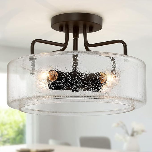 classy leaves Semi Flush Mount Ceiling Light, 4 Lights Farmhouse Flush Mount Ceiling Light Fixture with Drum Seeded Glass Shade for Hallway, Bedroom, Kitchen, Foyer and Bathroom, Oil Rubbed Bronze