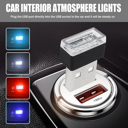 4 PCS USB LED Car Interior Atmosphere Lamp, Portable Mini Auto LED Decor Night Light, Plug-in USB Interface Ambient Lighting Kit, Universal Car Interior Accessories(White+Blue+Red+Ice Blue)
