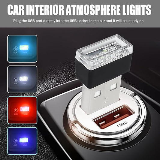 4 PCS USB LED Car Interior Atmosphere Lamp, Portable Mini Auto LED Decor Night Light, Plug-in USB Interface Ambient Lighting Kit, Universal Car Interior Accessories(White+Blue+Red+Ice Blue)