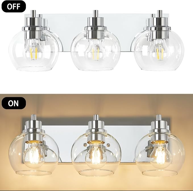 Tuscarora Chrome Vanity Light Fixture - 3 Light Bathroom Vanity with Clear Glass Shade - Light Over Mirror for Bathroom Lighting