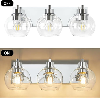 Tuscarora Chrome Vanity Light Fixture - 3 Light Bathroom Vanity with Clear Glass Shade - Light Over Mirror for Bathroom Lighting