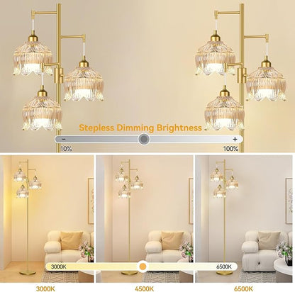Dimmable Floor Lamps for Living Room Bedroom-3 Light Gold Floor Lamp with Glass Lampshape, Flower Tall Lamp Mid Century Modern Standing Lamp Glass Tree Floor Lamps for Living Room Bedroom,Corner