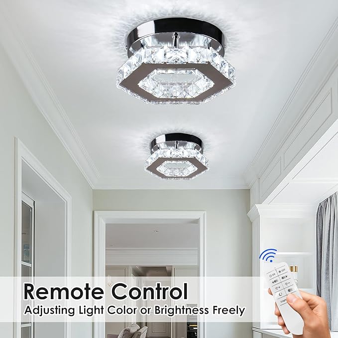 Dimmable Crystal Chandelier Mini LED Flush Mount Ceiling Light Fixture Modern Chandelier Lighting Lamp for Bedrooms Hallway Living Room Dining Room Kitchen Bar