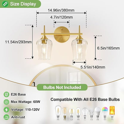 MOKATNG 2-Light Bathroom Light Fixtures, Gold Vanity Lights for Bathroom with Clear Glass, Bathroom Lighting Fixtures Over Mirror, Modern Wall lamp for Cabinet Hallway