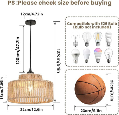 Rattan Pendant Light Set of Two,12.6 Inch Boho Kitchen Island light Fixtures,Handmade Woven Hanging Lamp,Wicker Small Chandelier,Coastal Hanging Lights for Bedroom Kitchen Restaurant Hallway Foyer