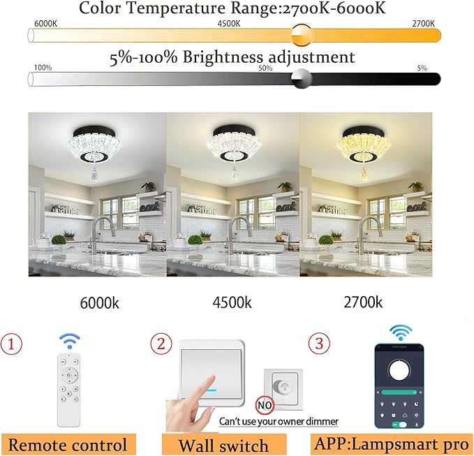 Black 12'' LED Mini Crystal Chandelier Dimmable Flush Mount Ceiling Light for Hallway Modern Living Room Bedroom Dining Room Foyer
