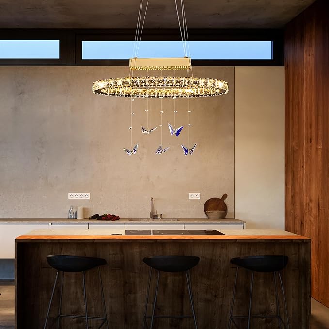 L 24" LED Gold Crystal Butterfly Chandelier, Dimmble LED Light Fixtures with Remote, Gold Modern Oval Crystal Chandeliers, for Dining Room, Kitchen Island, Entryway, Living Room, Bedroom