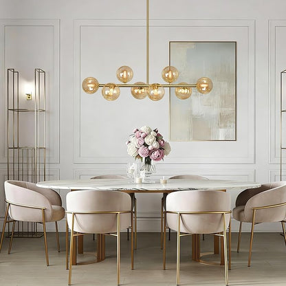 Gold Linear Chandeliers for Dining Room, 8-Light Amber Glass Globe Chandelier Modern Sputnik Chandelier Mid Century Dining Room Light Fixture Pendant Kitchen Island Lighting, Electroplated Brass, 37"