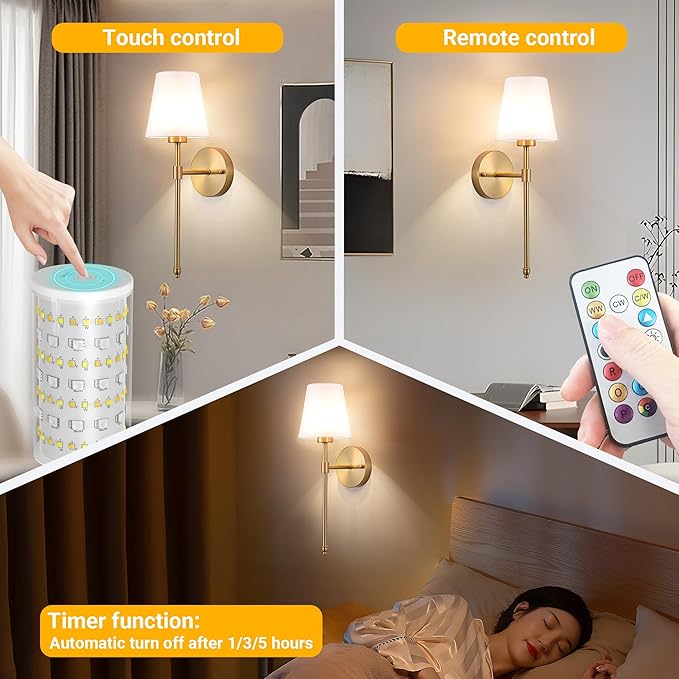 Vimhou Peel and Stick Wall Sconces, Stick On Wall Sconce Set of 2, Battery Operated Wireless Wall Light, No Drill Adhesive Wall Lamp, Corn Bulb with 10000mAh Rechargeable Battery, Bedroom Wall Decor