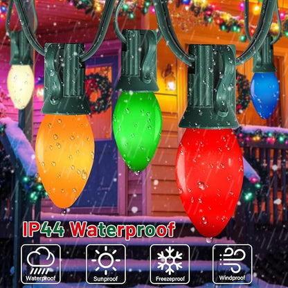 50FT C7 LED Multicolor Christmas Lights, Outdoor String Lights with 55 Multicolor LED Ceramic Bulbs(5 spare), Vintage Christmas Lights for Indoor Outdoor Xmas Tree Home Party Decorations, Green Wire