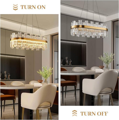 Gold Modern Crystal Led Chandelier: 39.3" Dimmable K9 Crystals Chandeliers over Table - Golden Luxury Glass Rectangle Chandelier - Height Adjustable Chandeliers with Remote for Dining Room Living Room