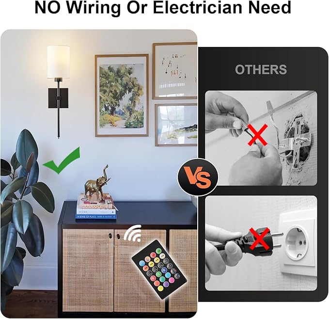 KARTOOSH Battery Operated Wall Sconce Set of Two, Wireless Rechargeable Wall Light with Remote Control, Dimmable, 4 Color Temperatures, RGB, Timer, for Living Room,Bedroom,Entryway, Black, 20.6 Inch