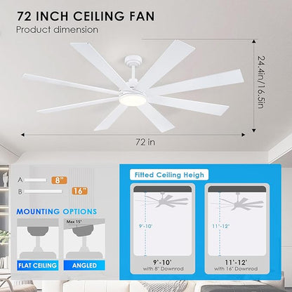 BayDay Farmhouse Rustic Ceiling Fans with Lights and Remote, Bedroom Living Room Kitchen Fans Ceiling with Light Chandier (White, 72 inch)