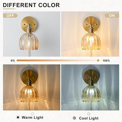 Plug in Wall Sconces Set of 2, Vintage Wall Sconce Light with Tulip Amber Glass Lampshade, Bedroom Wall Sconce with Switch and Plug in wall lamp Cord, Gold Wall Light Wall Decor Set of 2