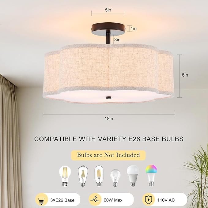 18" Semi Flush Mount Ceiling Light 3-Light Modern Linen Drum Ceiling Lighting with Black Finish, Vintage Ceiling Light for Living Room, Kitchen, Basement, Laundry Room, Bedroom