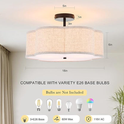 18" Semi Flush Mount Ceiling Light 3-Light Modern Linen Drum Ceiling Lighting with Black Finish, Vintage Ceiling Light for Living Room, Kitchen, Basement, Laundry Room, Bedroom
